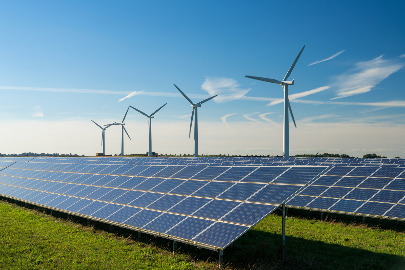 Solar panels in a field with wind turbines in the background