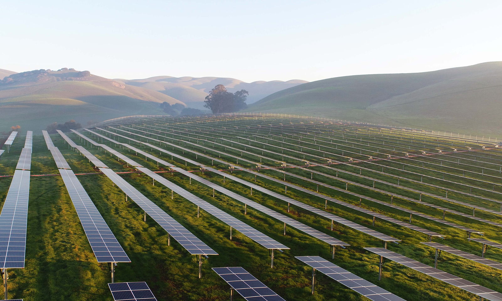 Dozens of rows of solar panels in a small valley with hills in the background