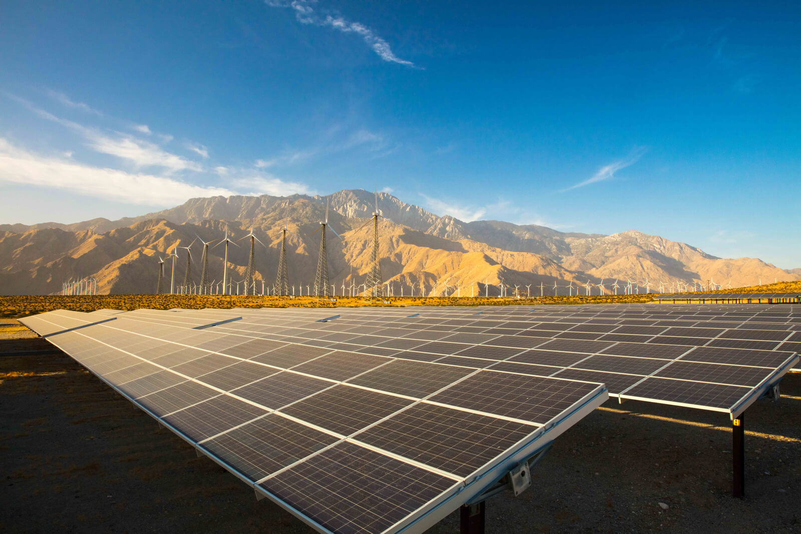 Solar panels with a large, rigid mountain in the background