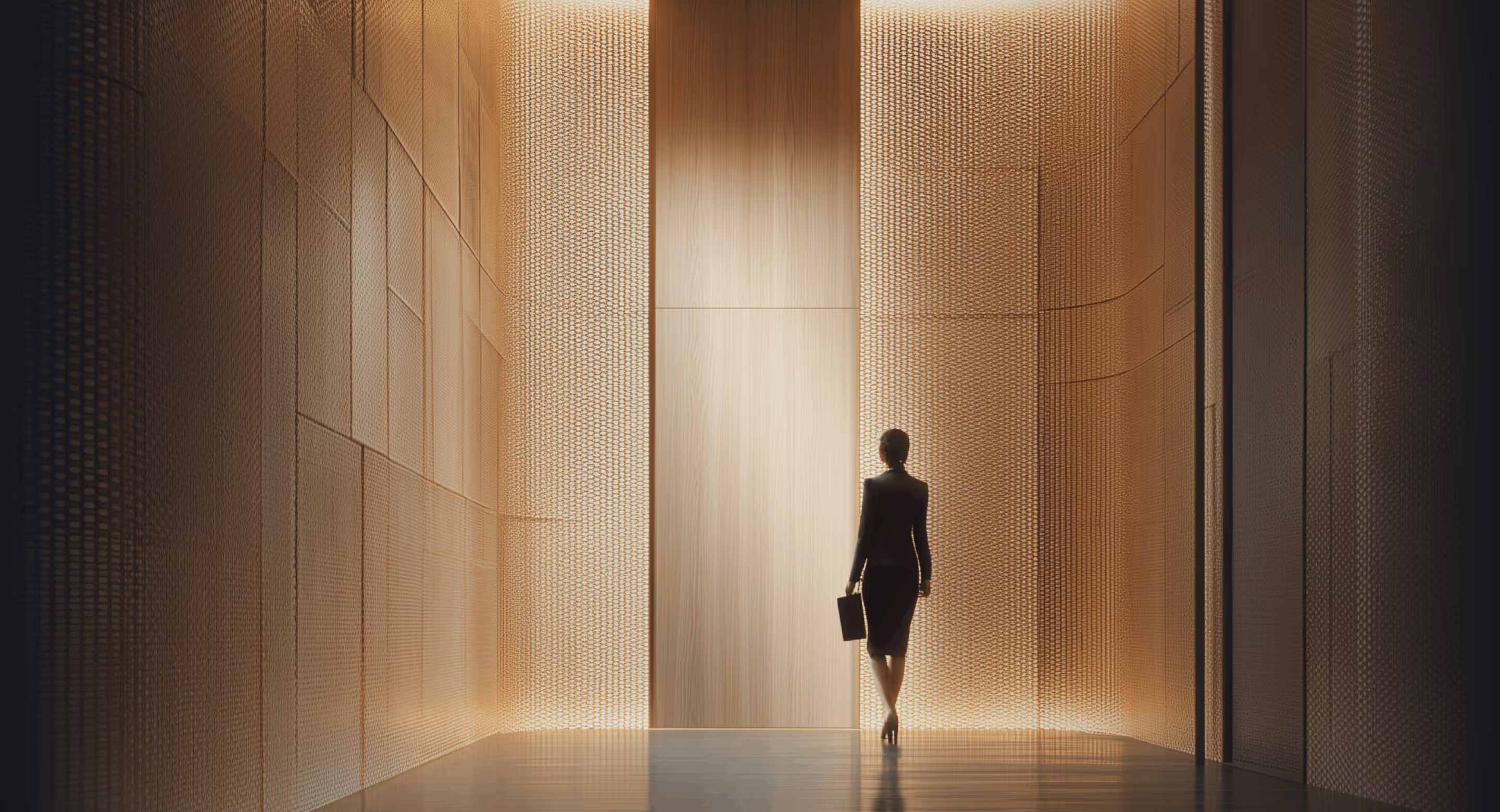 Silhouette of a businesswoman walking in a modern, warmly lit corridor holding a briefcase.