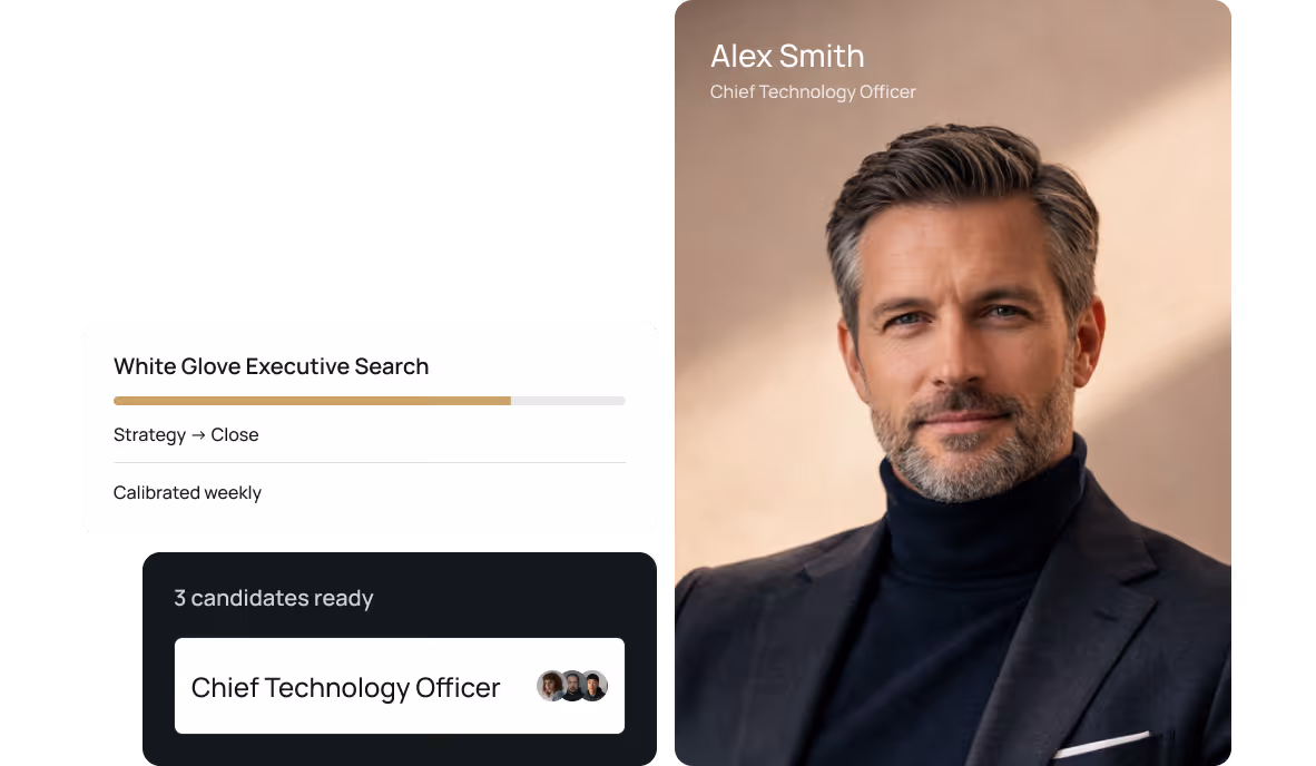 Profile of Alex Smith, Chief Technology Officer, with a progress bar labeled White Glove Executive Search and a note of 3 candidates ready for the CTO role.