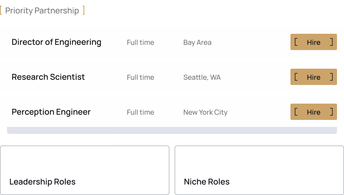 Job listing for Director of Engineering in Bay Area, Research Scientist in Seattle, WA, and Perception Engineer in New York City, all full-time with Hire buttons.
