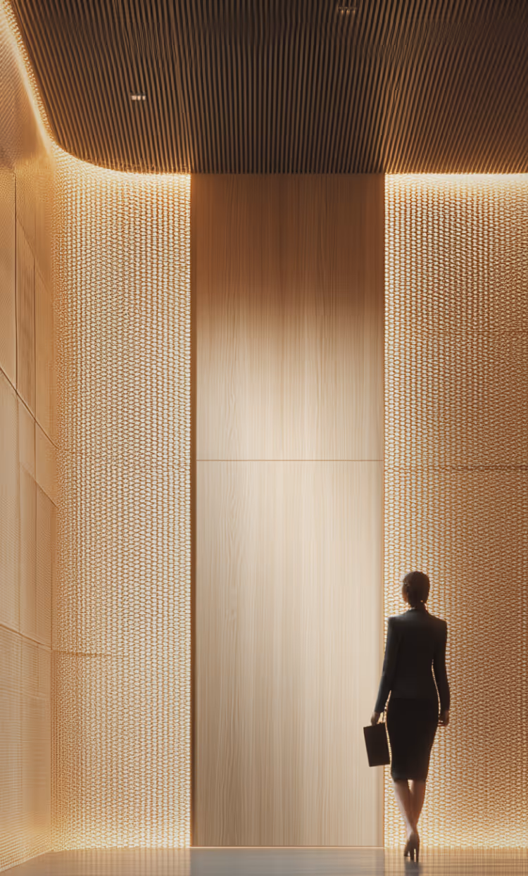 Silhouette of a businesswoman walking in a tall, modern lobby with warm wooden and textured walls lit by soft ambient lighting.