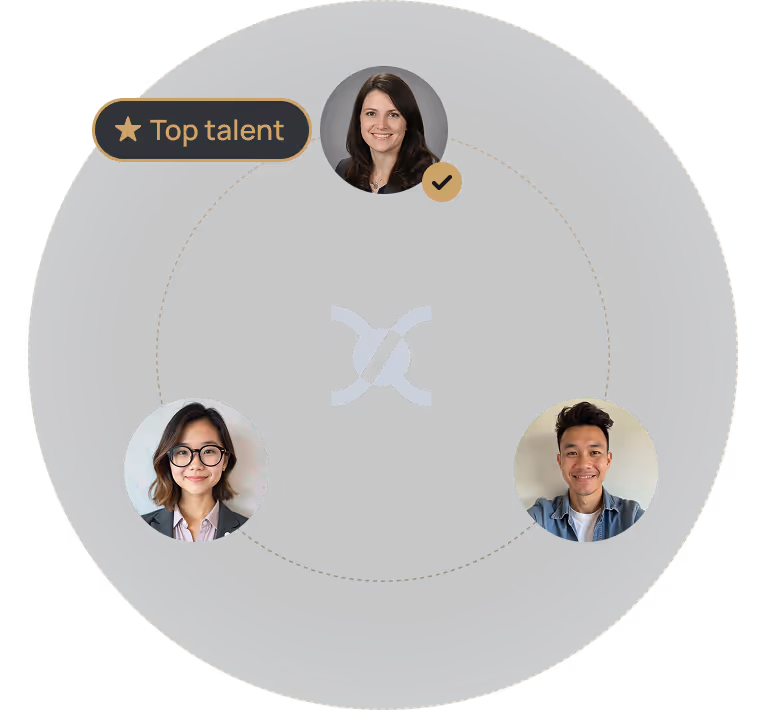 Circular graphic with three professional headshots around a central icon, highlighted label 'Top talent' near the top photo with a checkmark.