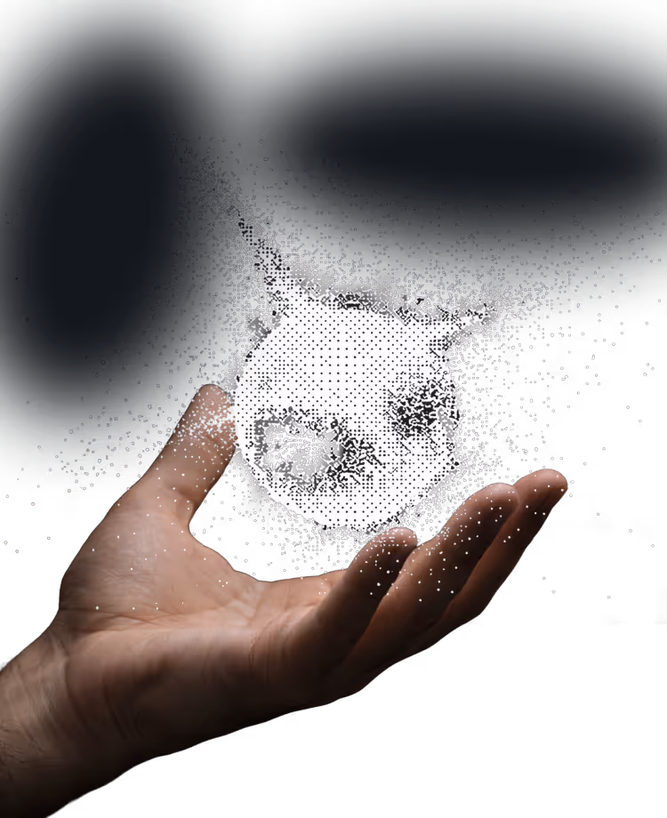 Hand holding a glowing, pixelated skull emitting scattered digital particles on a dark background.