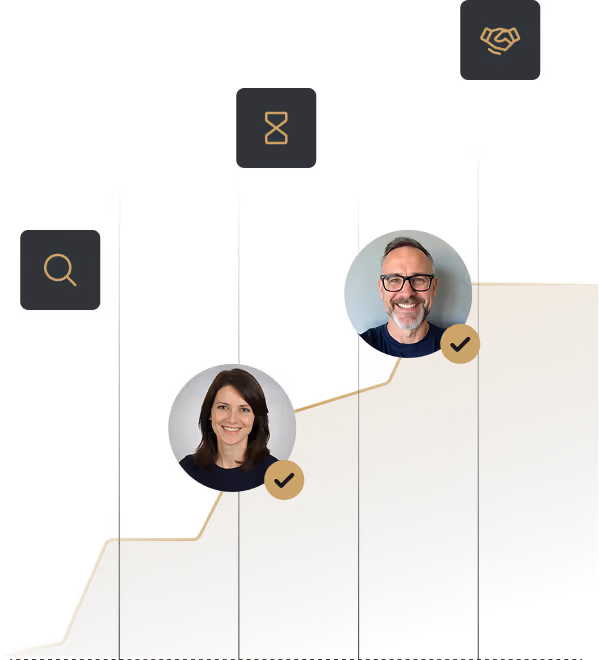 Progression graph with two profile photos marked on ascending golden steps, labeled Noise | Signal with icons for search, hourglass, and handshake above.