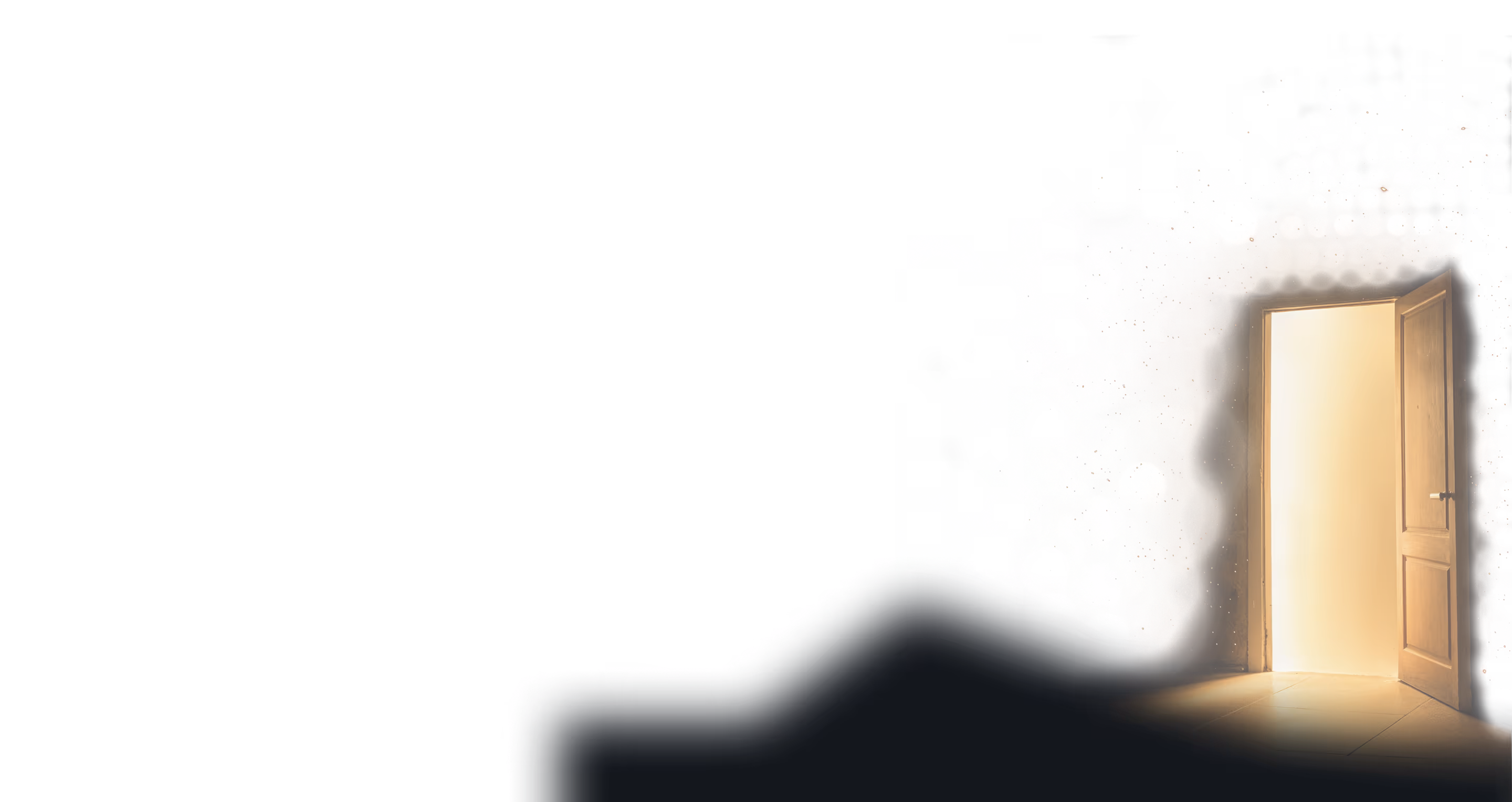 Open wooden door emitting warm light with colorful abstract particles surrounding the doorway against a black background.
