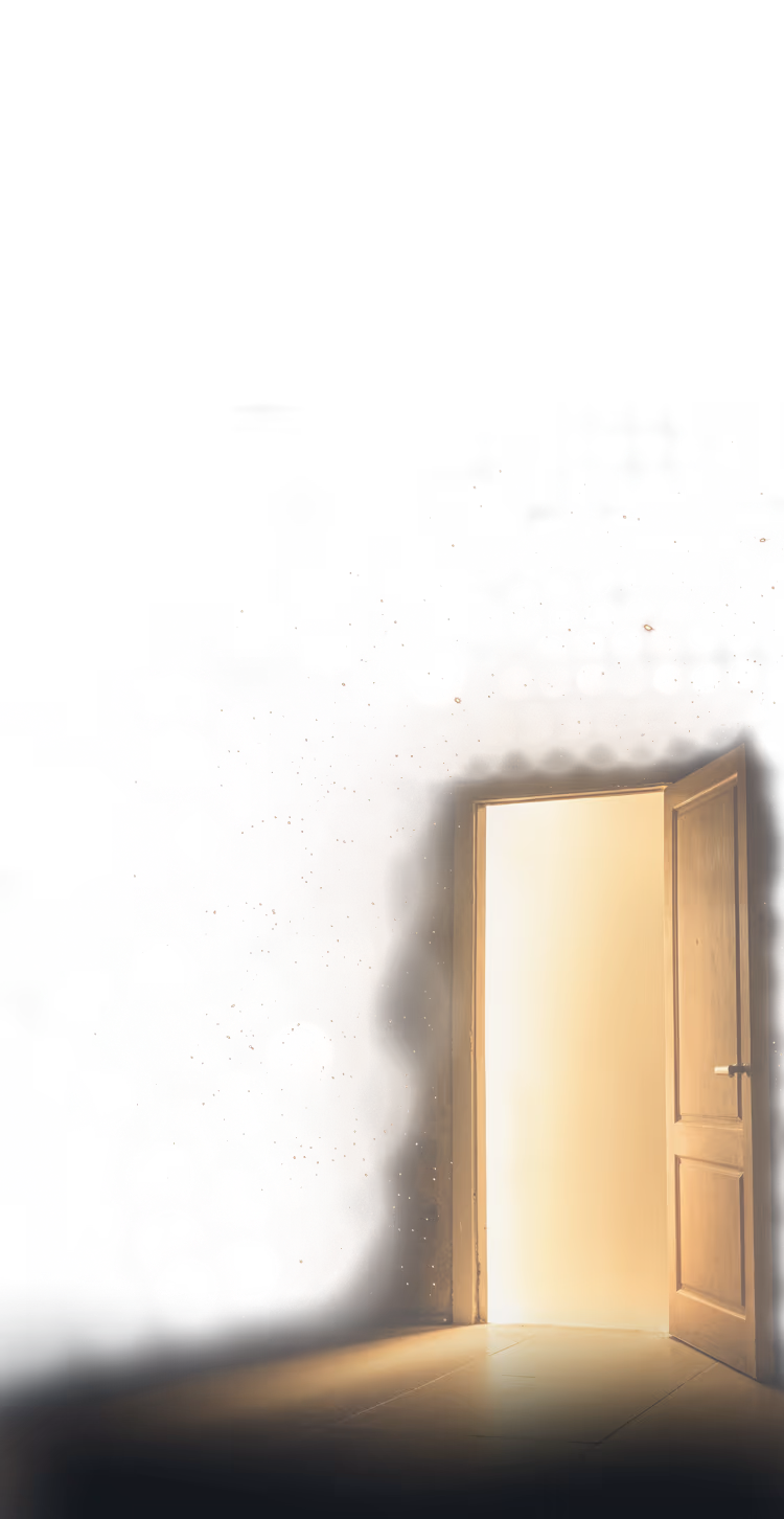 Open wooden door with bright light shining through into a dark room.
