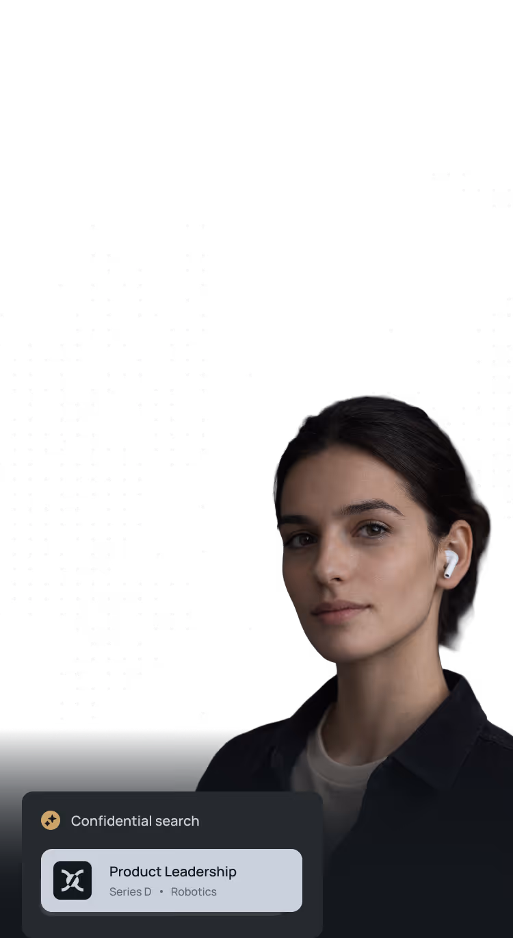 Portrait of a woman with dark hair wearing white wireless earbuds and a black shirt, with a digital label showing a confidential search for a Product Leadership job in Illinois.