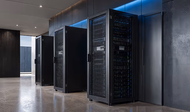 Row of black server racks with network equipment in a modern data center with gray walls and reflective floor.