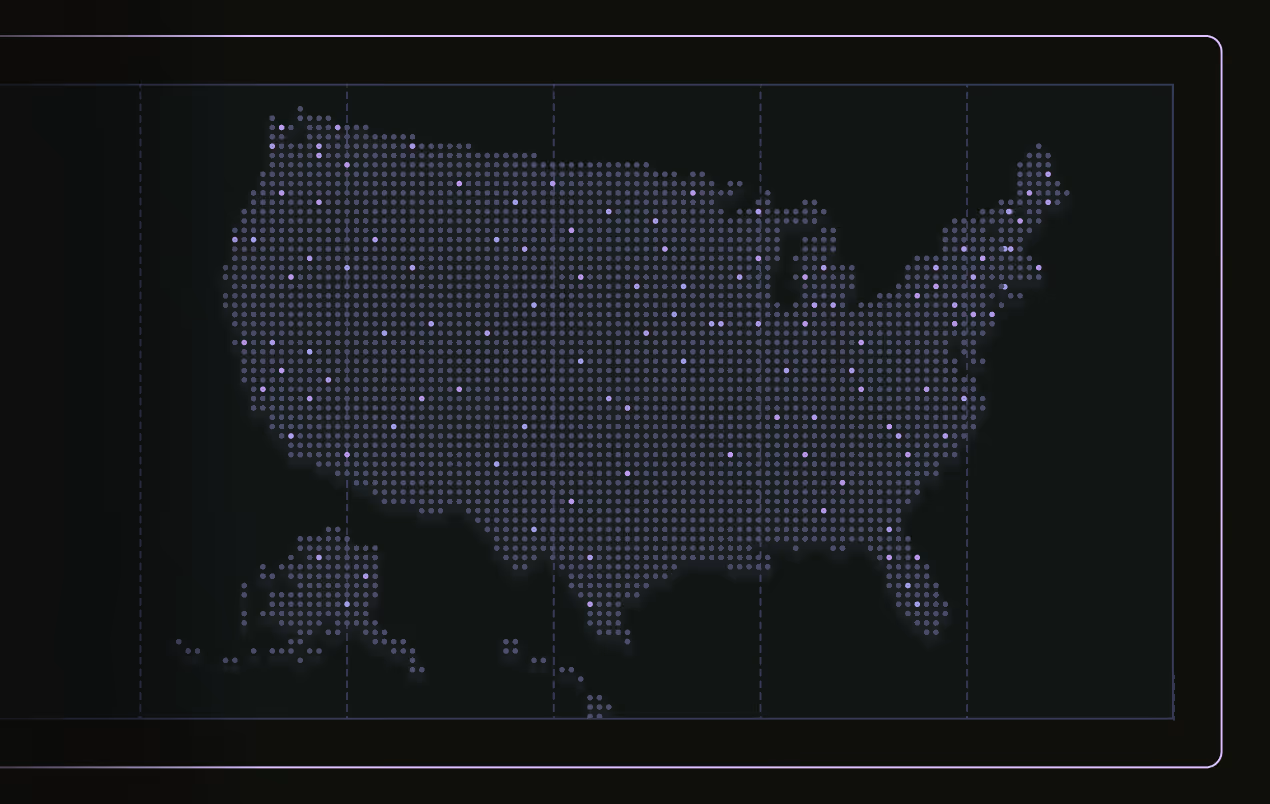 3D map of the United States with illuminated data points and connecting lines indicating network or data connections across various regions.