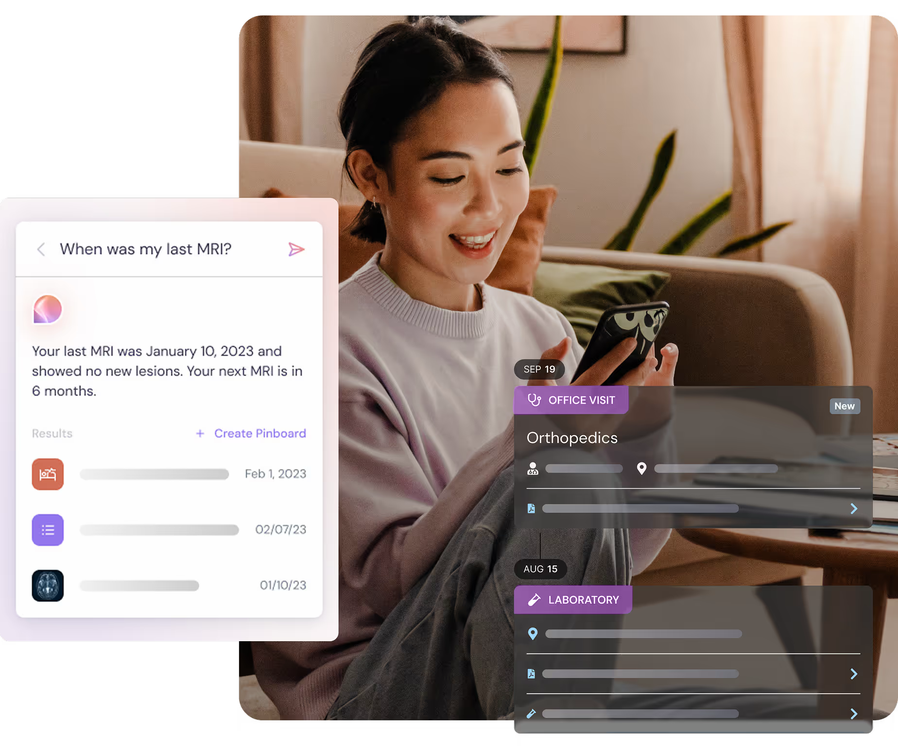 Smiling woman sitting on a couch using a smartphone with overlaid healthcare app screens showing MRI results and medical appointments.