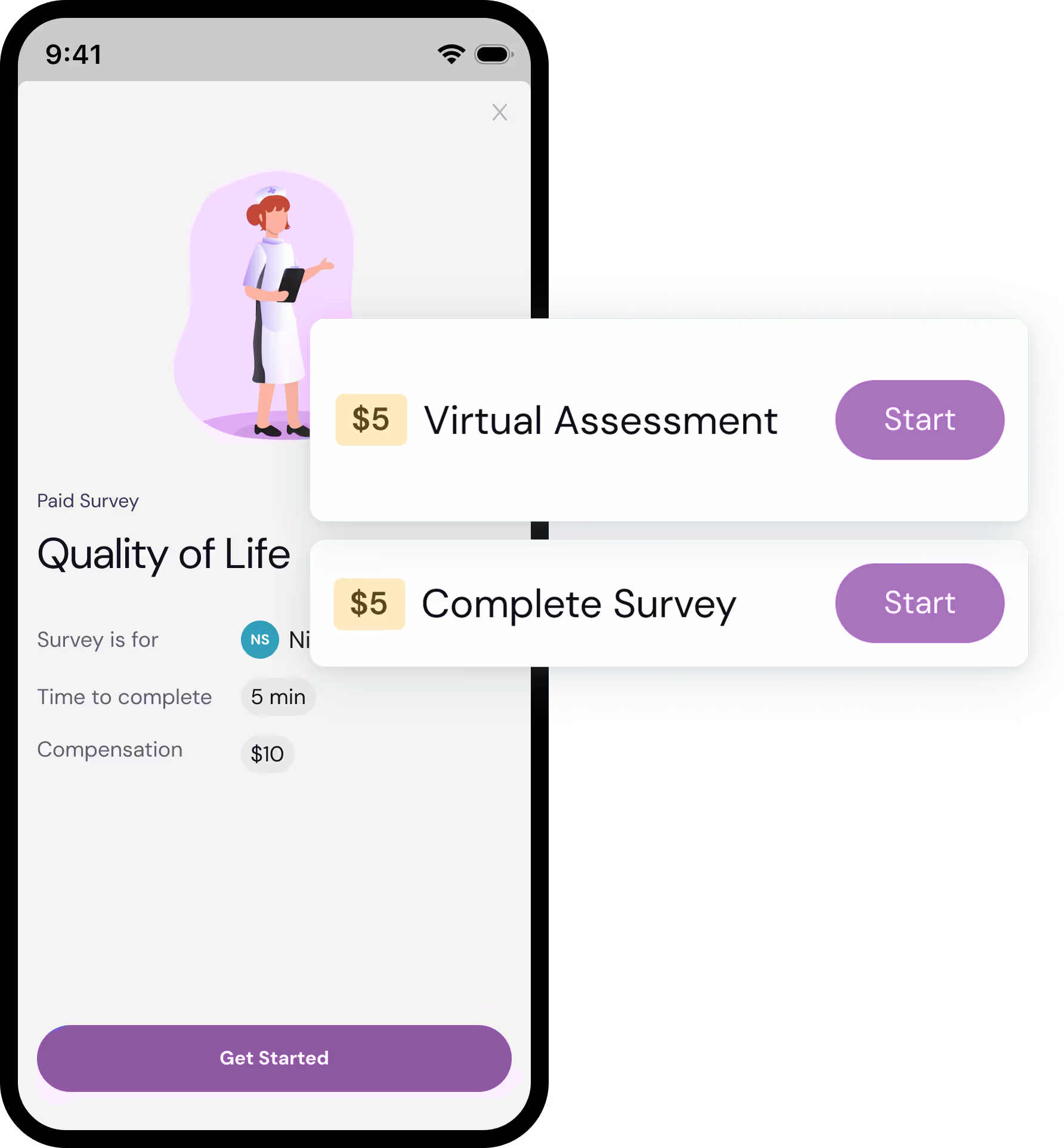 Mobile screen showing a Quality of Life paid survey with a nurse illustration, details of time to complete as 5 minutes, $10 compensation, and buttons for $5 Virtual Assessment and $5 Complete Survey.