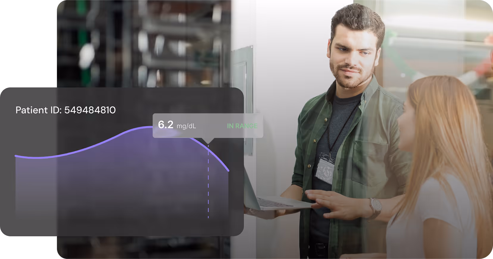 Man holding laptop talks with woman beside a rising and falling glucose level graph showing 6.2 mg/dL in range.