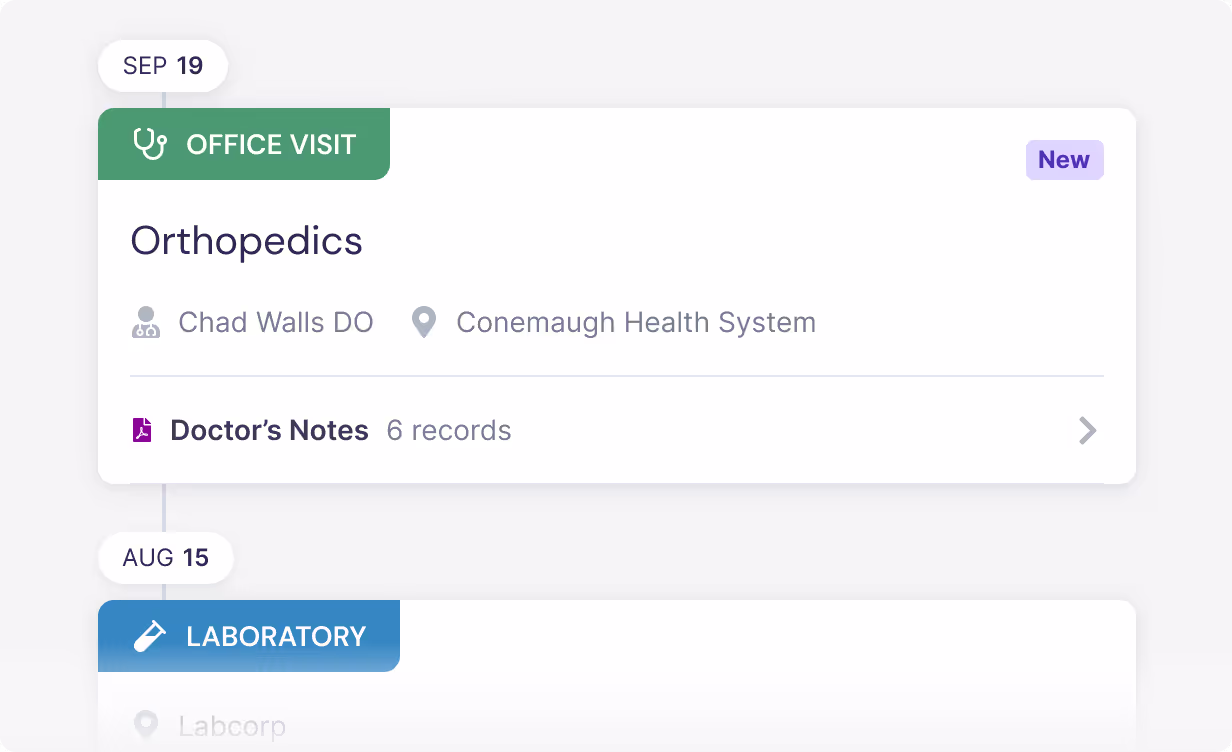 Timeline showing an office visit on September 19 for Orthopedics with Dr. Chad Walls at Conemaugh Health System, including 6 doctor’s notes records, marked as New.