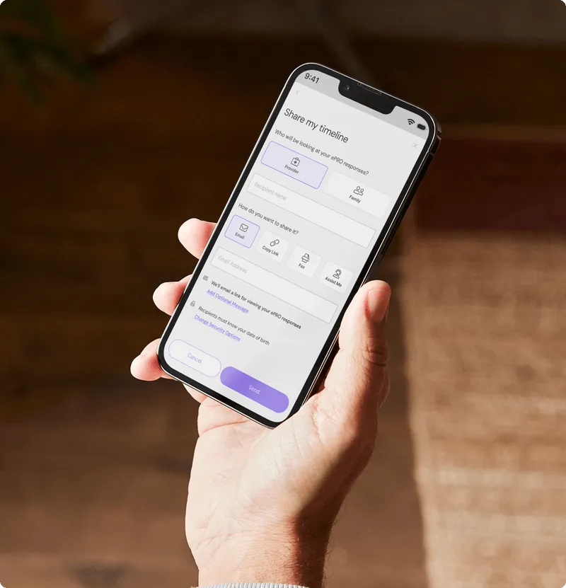 Hand holding a smartphone displaying a 'Share my timeline' screen with options to share ePRO responses via email, copy link, fax, or assist me.