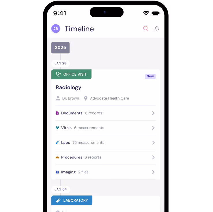 Mobile app timeline screen showing a 2025 office visit for Radiology with Dr. Brown at Advocate Health Care, listing documents, vitals, labs, procedures, and imaging details.