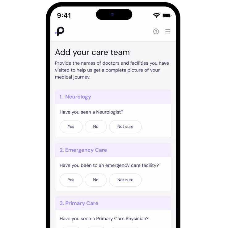 Mobile screen showing a form titled 'Add your care team' with sections for Neurology, Emergency Care, and Primary Care, each asking if the user has seen a specialist with Yes, No, and Not sure buttons.