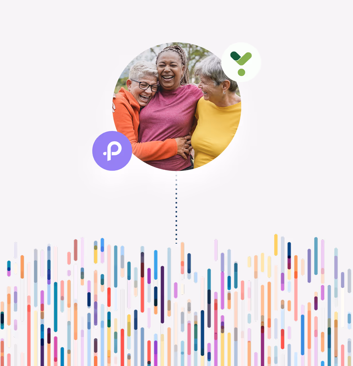 Three women laughing and hugging inside a circle above colorful vertical bars with two logos nearby.