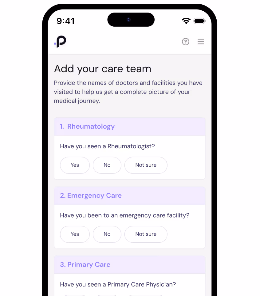 Mobile screen showing a form titled 'Add your care team' asking if the user has seen specialists in Rheumatology, Emergency Care, and Primary Care with Yes, No, and Not sure options.