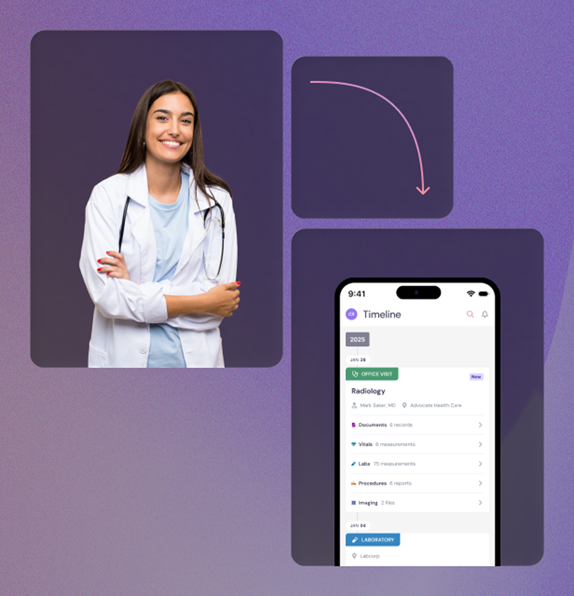 Smiling female doctor with stethoscope and arms crossed next to a smartphone screen showing a medical timeline app interface.