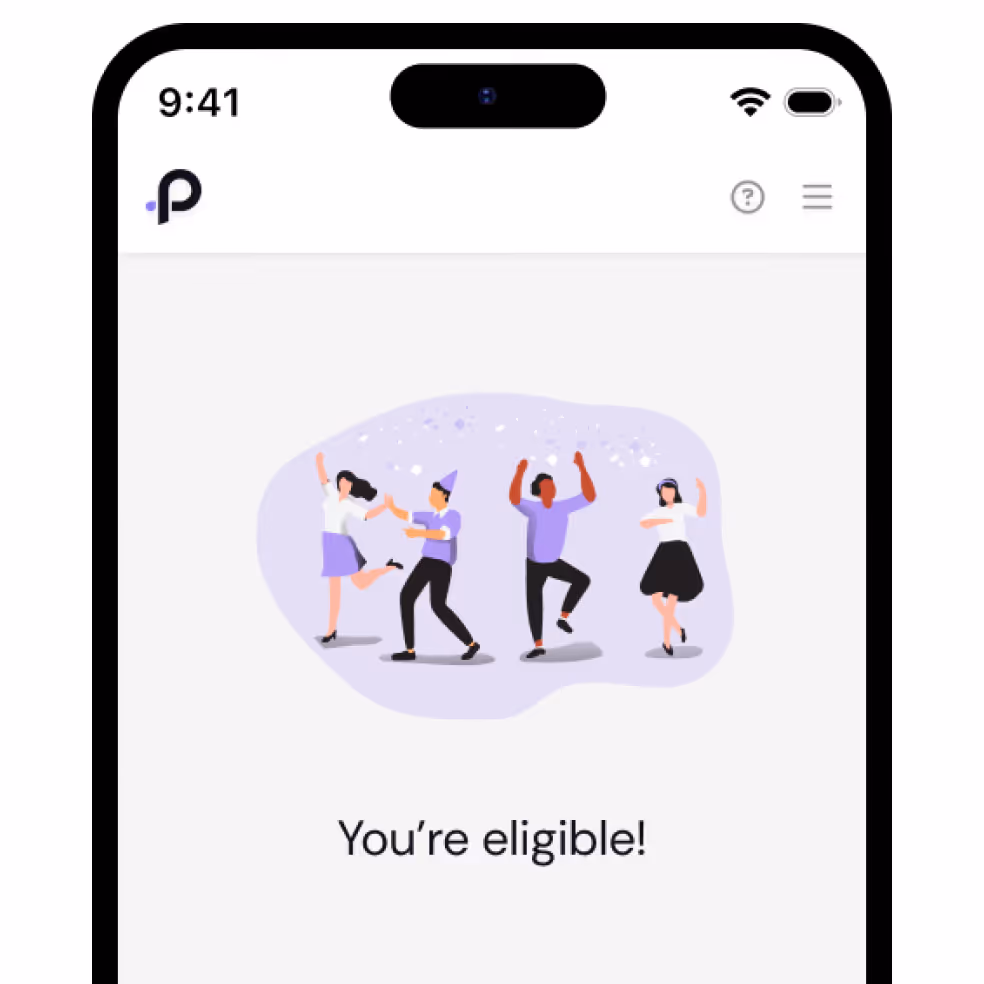 Smartphone screen showing an app message with four people dancing above the text 'You’re eligible!'