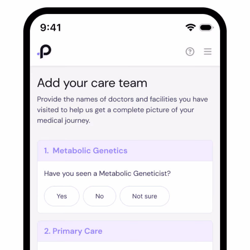 Mobile screen showing a form titled 'Add your care team' asking if the user has seen specialists in Rheumatology, Emergency Care, and Primary Care with Yes, No, and Not sure options.