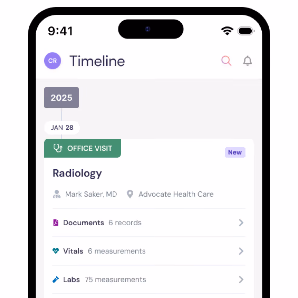 Mobile phone screen showing a medical timeline with a 2025 entry for a rheumatology office visit including doctor and health care details, documents, vitals, labs, procedures, and imaging records.