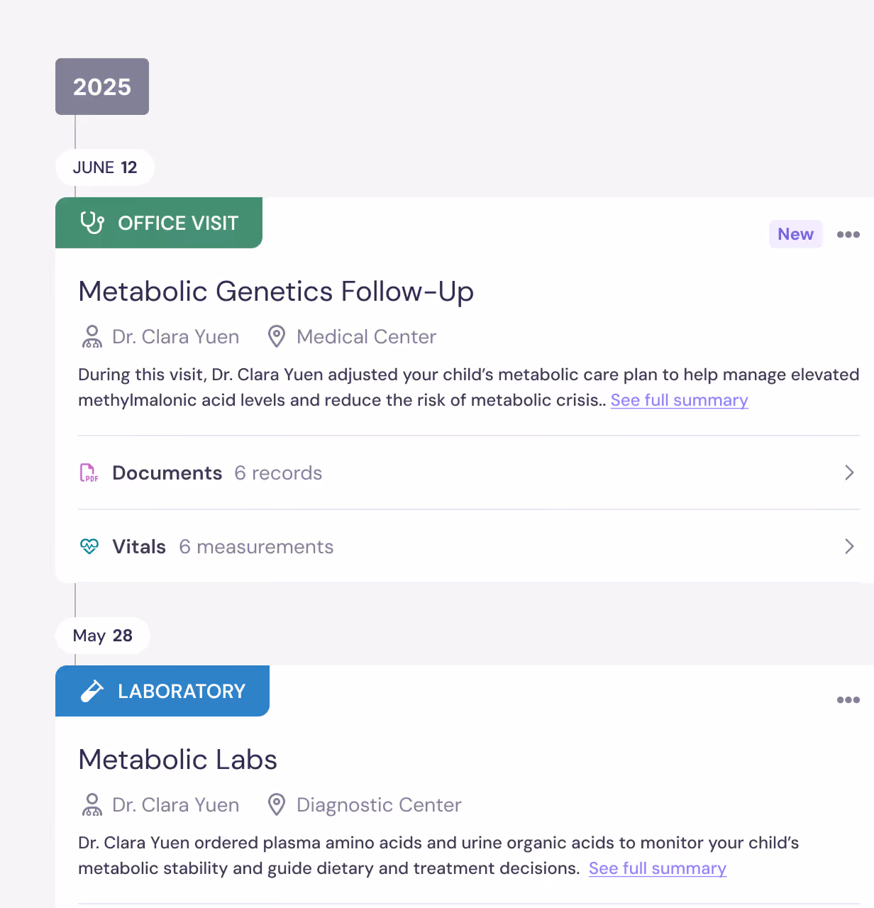 Timeline showing medical events in 2025: On Nov 12, an office visit for Rheumatology Follow-Up with Dr. Baker reviewing BENLYSTA infusion therapy and mild headache post-infusion; on Oct 28, Day 1 BENLYSTA infusion at Infusion Center with monitoring and no significant side effects.