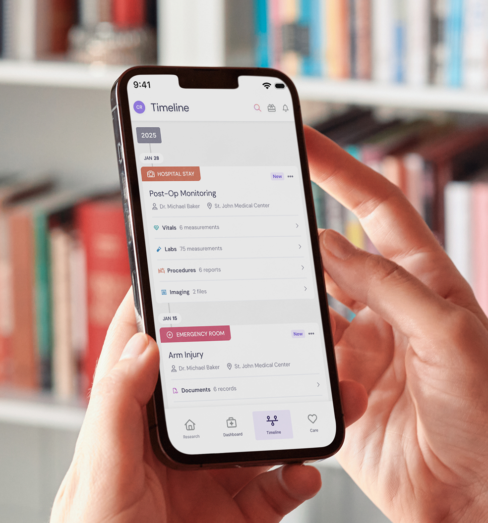 Two mobile screens showing a health app: left screen displays Health Dashboard with options like Lab Results, Procedures, Imaging; right screen shows Timeline for 2025 with details of an office visit in Rheumatology by Dr. Baker including documents, vitals, labs, procedures, and imaging records.