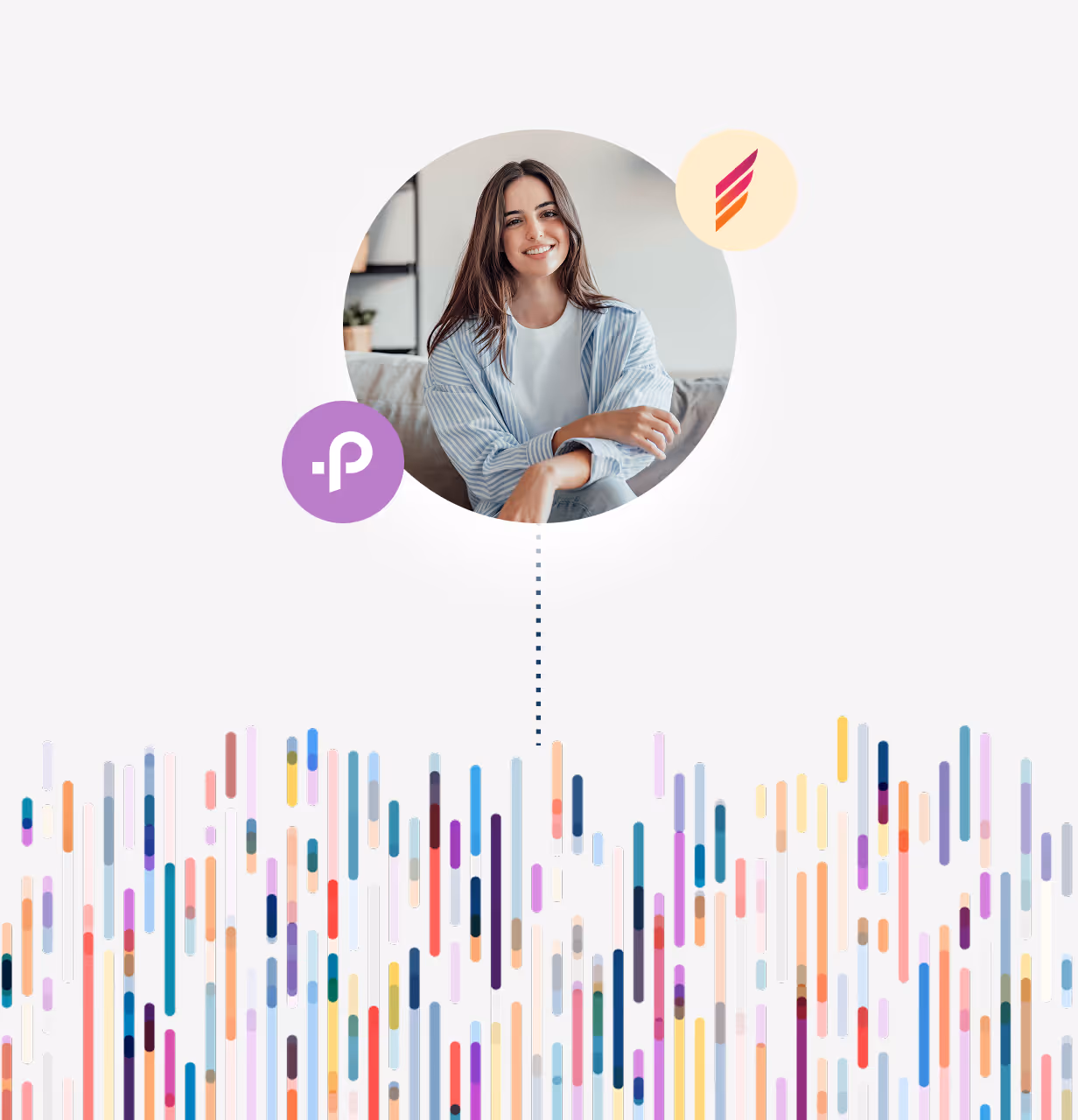 Young woman with curly hair and glasses in green sweater pointing right, surrounded by colorful vertical bars and GSK and purple icons.