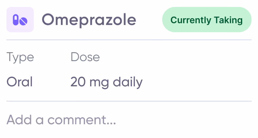 Medication entry for belimumab with type infusion, strength 10mg, and status currently taking.