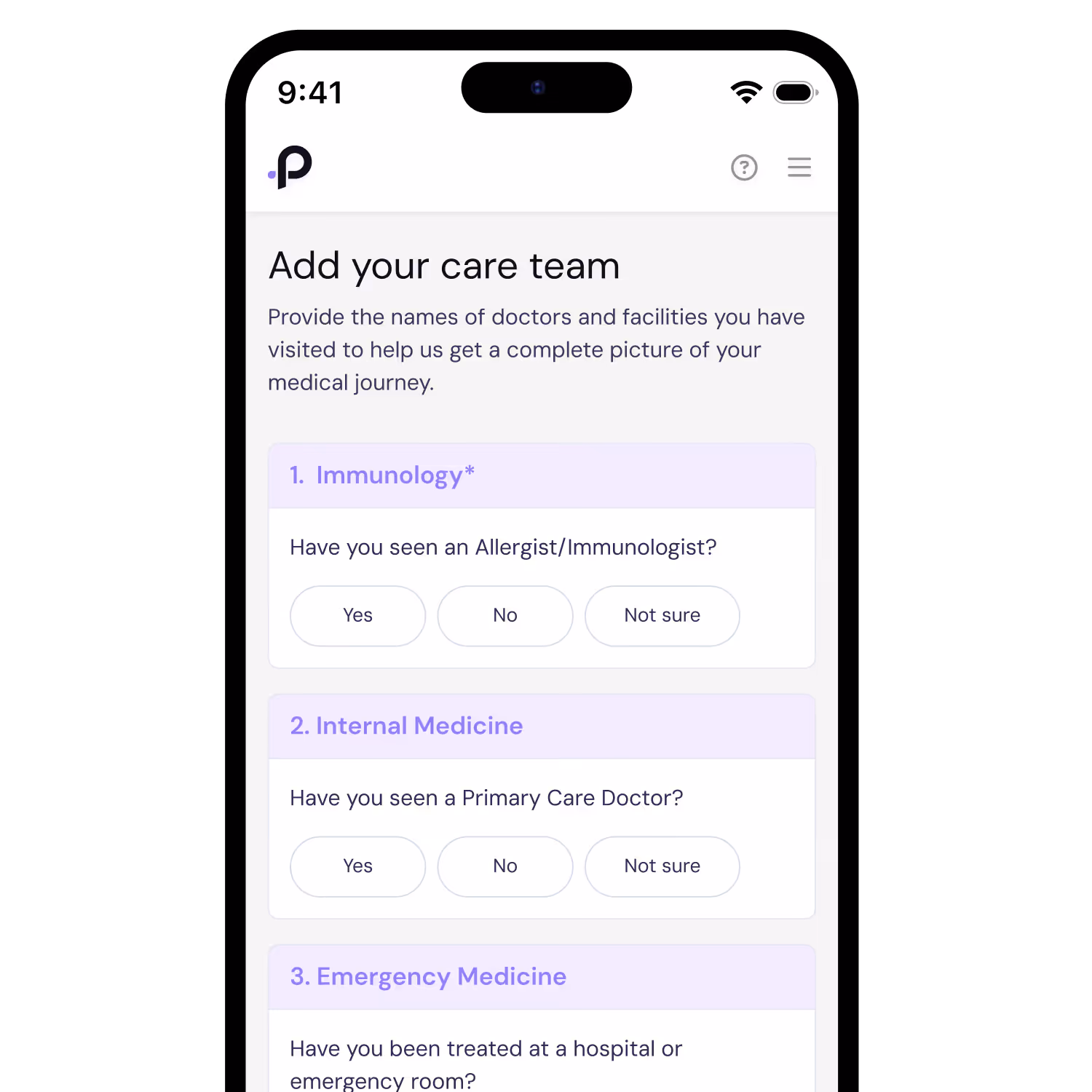 Mobile screen showing a form titled 'Add your care team' asking if the user has seen specialists in Rheumatology, Emergency Care, and Primary Care with Yes, No, and Not sure options.