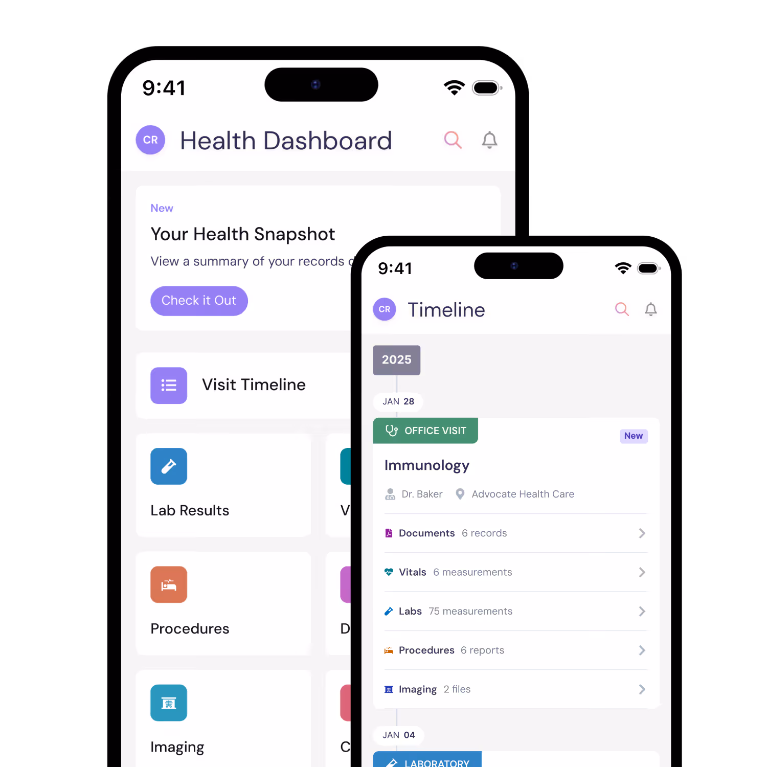 Two mobile screens showing a health app: left screen displays Health Dashboard with options like Lab Results, Procedures, Imaging; right screen shows Timeline for 2025 with details of an office visit in Rheumatology by Dr. Baker including documents, vitals, labs, procedures, and imaging records.