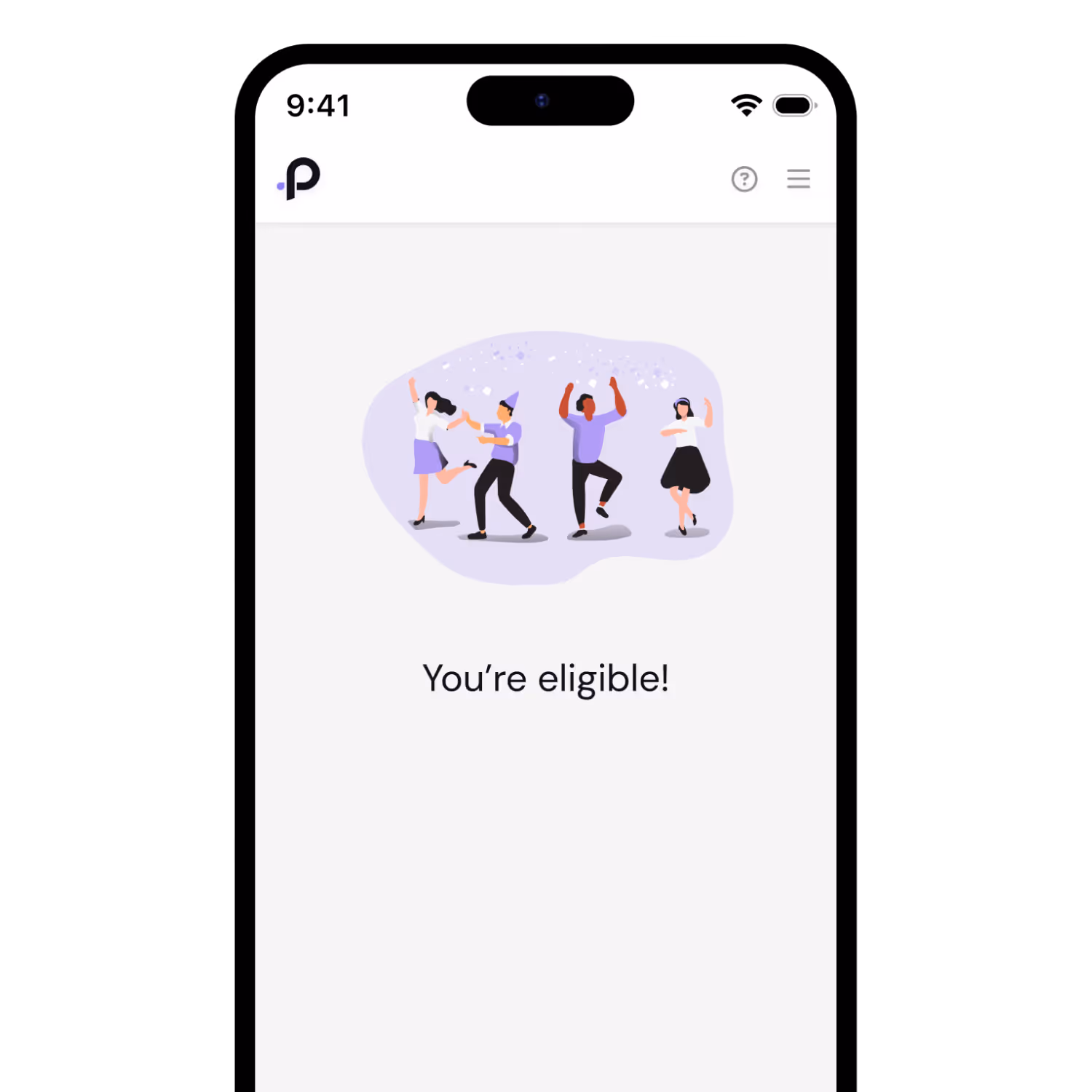 Smartphone screen showing an app message with four people dancing above the text 'You’re eligible!'