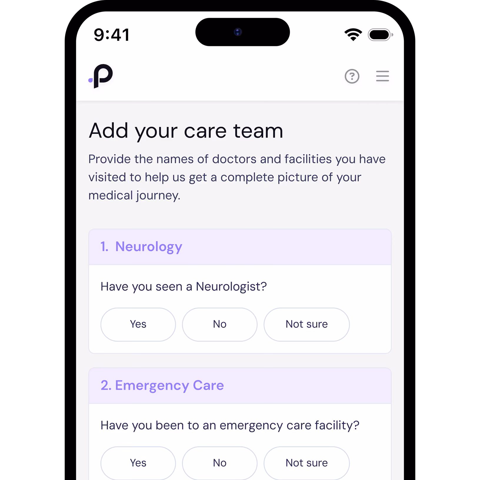 Mobile screen showing a form titled 'Add your care team' asking if the user has seen specialists in Rheumatology, Emergency Care, and Primary Care with Yes, No, and Not sure options.