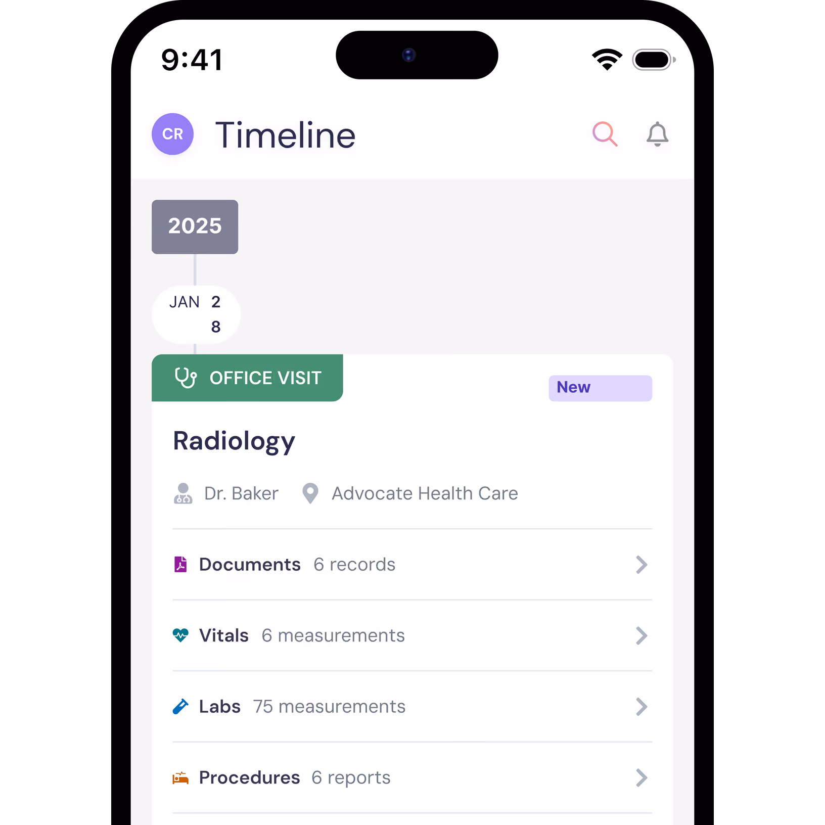 Mobile phone screen showing a medical timeline with a 2025 entry for a rheumatology office visit including doctor and health care details, documents, vitals, labs, procedures, and imaging records.