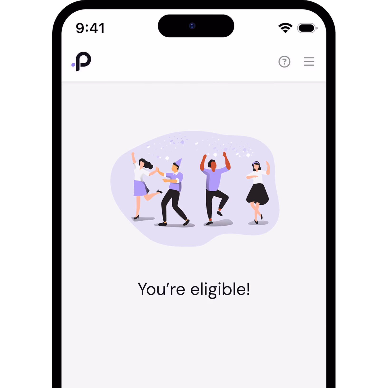Smartphone screen showing an app message with four people dancing above the text 'You’re eligible!'