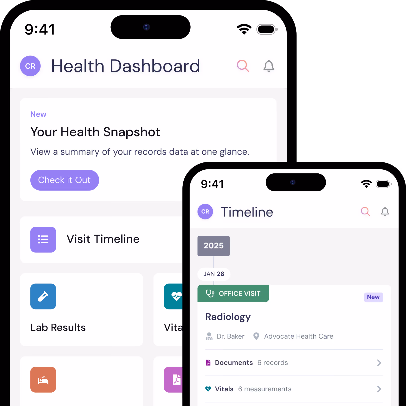 Two mobile screens showing a health app: left screen displays Health Dashboard with options like Lab Results, Procedures, Imaging; right screen shows Timeline for 2025 with details of an office visit in Rheumatology by Dr. Baker including documents, vitals, labs, procedures, and imaging records.