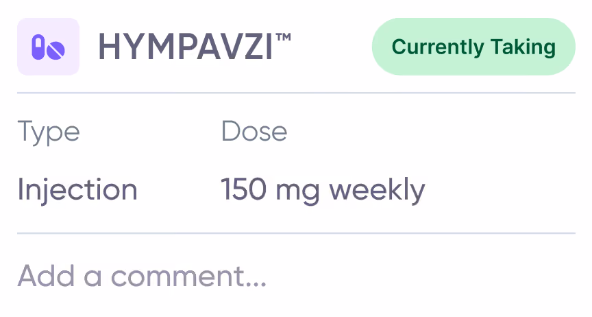 Medication entry for belimumab with type infusion, strength 10mg, and status currently taking.