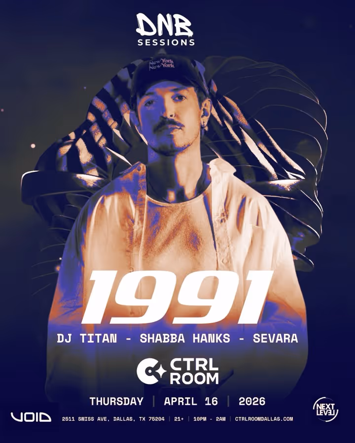 @dnb_sessionsdtx presents @1991music at @ctrlroom_dallas 

One of the biggest names in modern drum & bass lands at CTRL ROOM for a special night of high-energy bass music.

With support from
@djtitanofficial 
@shabba__hanks 
@djsevaratyrrell 

Thursday • A