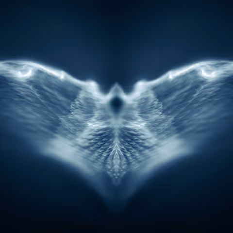 Abstract blue image resembling glowing wings or an angelic figure with soft feather-like textures.