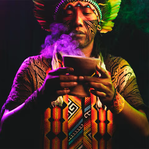 Person in traditional indigenous attire with face paint holding a steaming bowl, surrounded by colorful smoke.