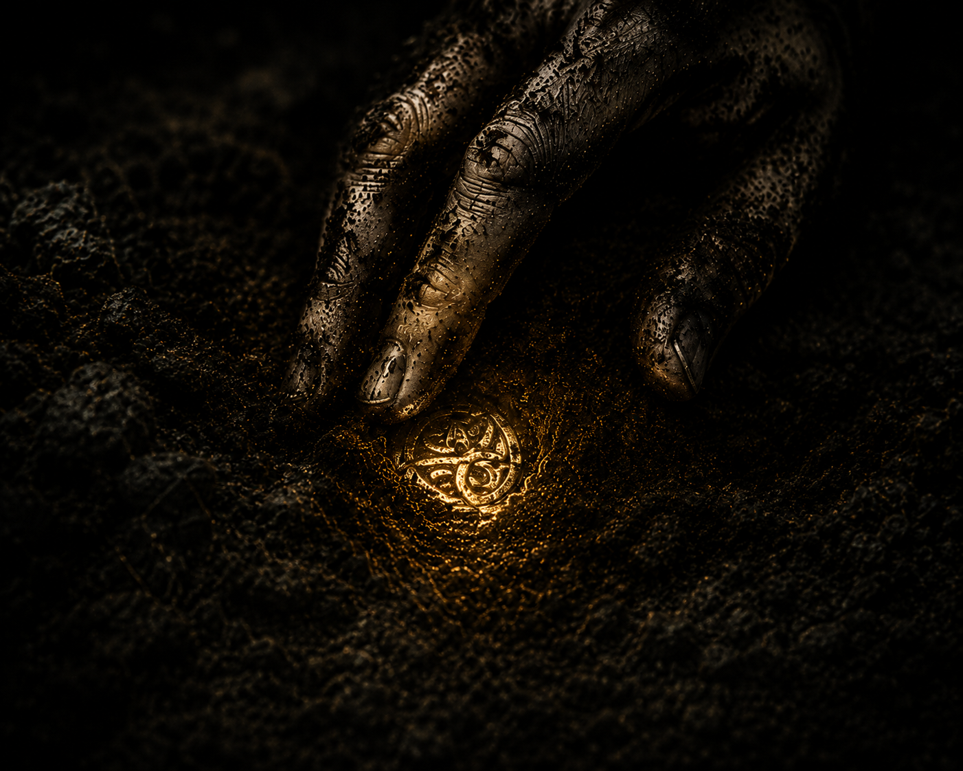 A hand retrieving a glowing golden object from dark earth
