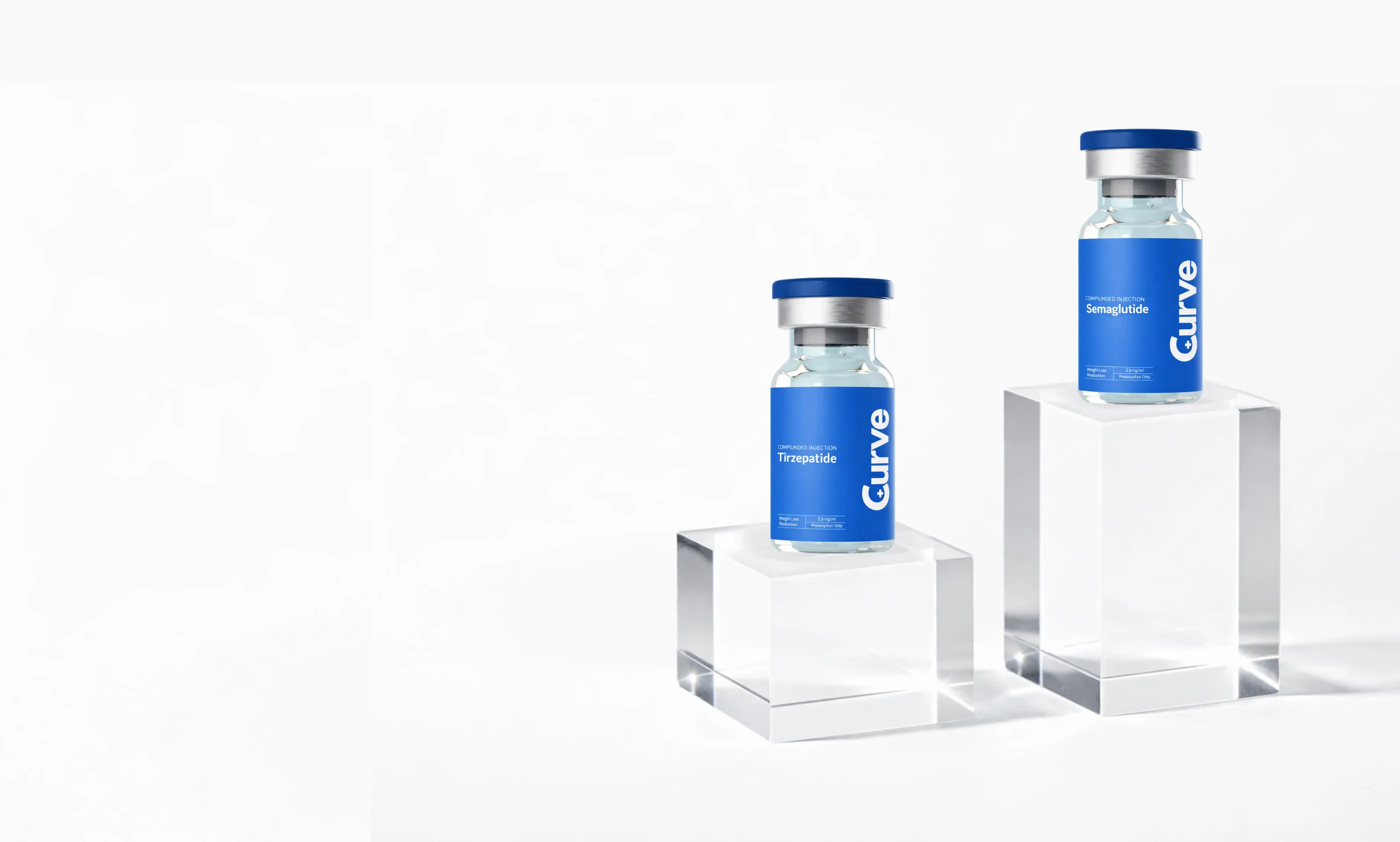 Image of GLP-1 medication sitting on glass displays in a white background.