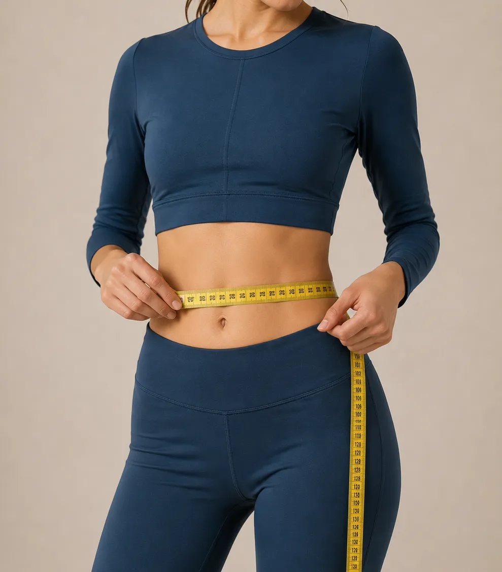 Young woman in sports attire measuring her waist size.