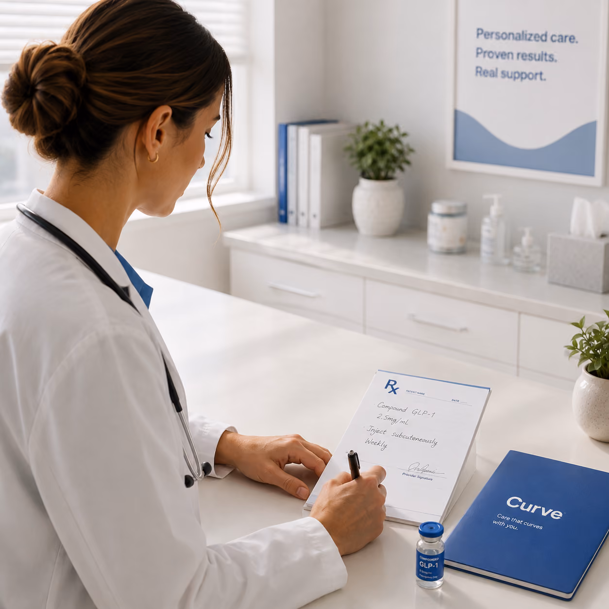 A female doctor writing a prescription on a note pad in an office.