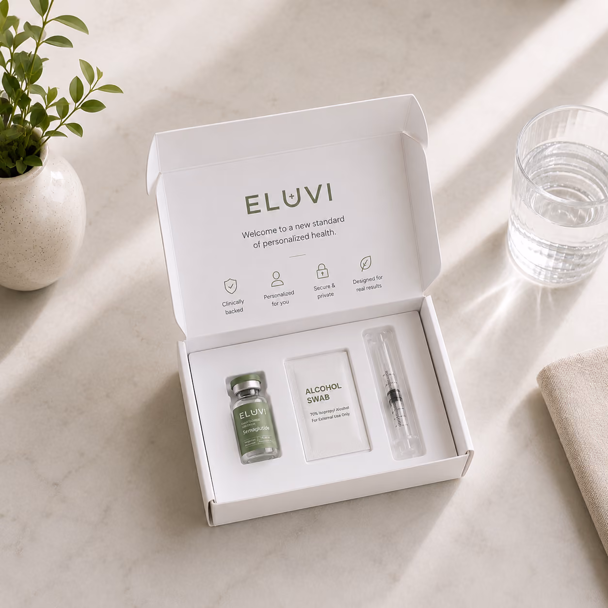 A boxed package for GLP-1 medication with bottle, syringe, and alcohol pads.  