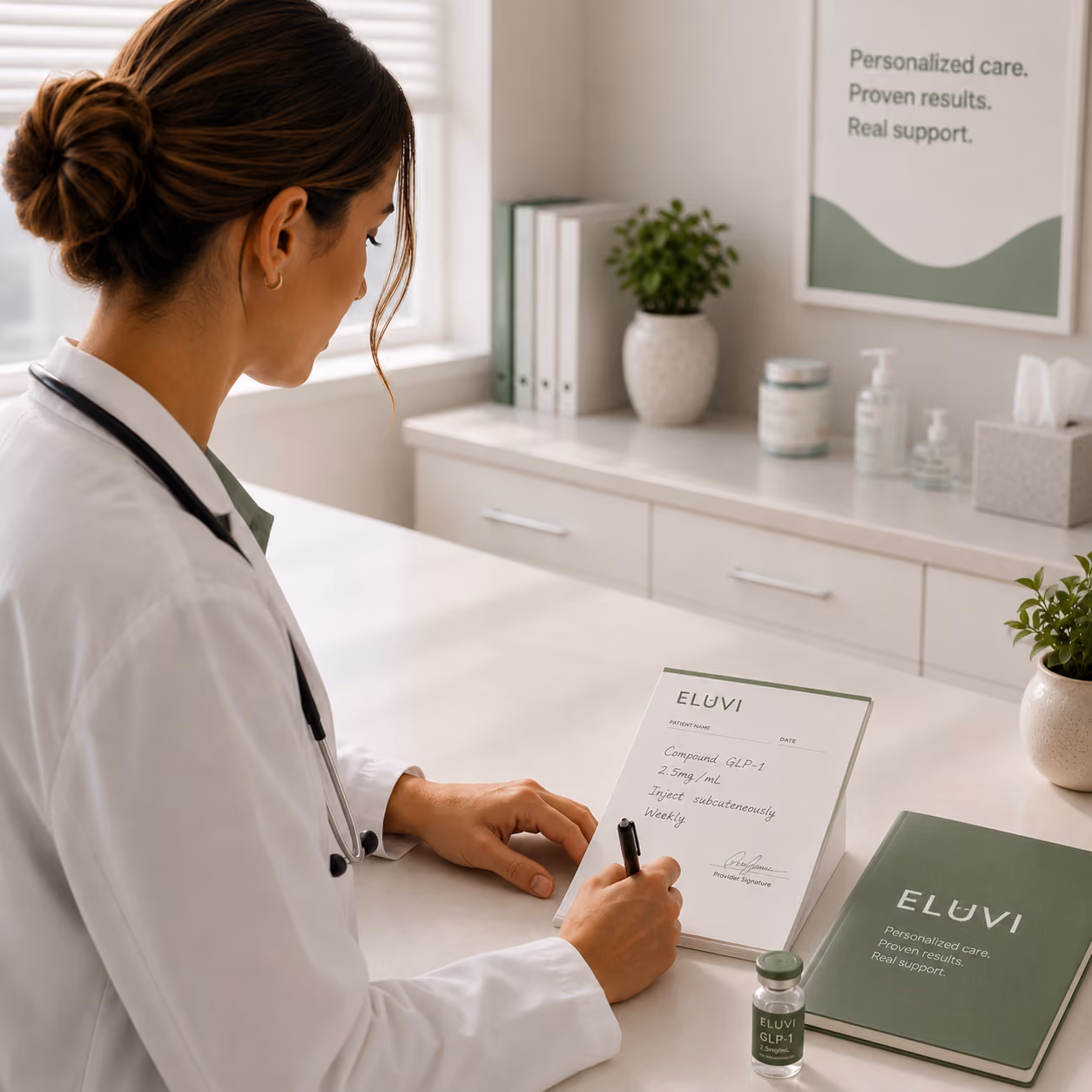 A doctor writing notes on her pad.