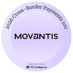 Logo of Movantis in a purple circle for the 2026 Cross-Border Payments 100 presented by FXC Intelligence.